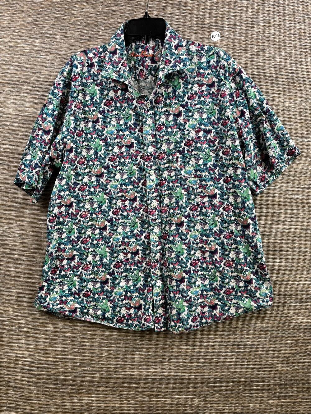 Alan Flusser Shirt Mens 2XL Multicolor Butterfly Print Button Up Short Sleeve